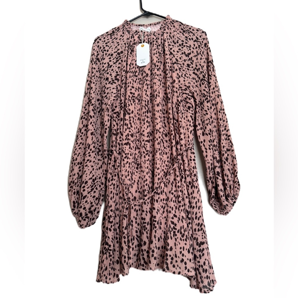 Loveriche Women's Long Sleeve Sheer Lined Blush Pink S Cheetah Dress Belted Nwt